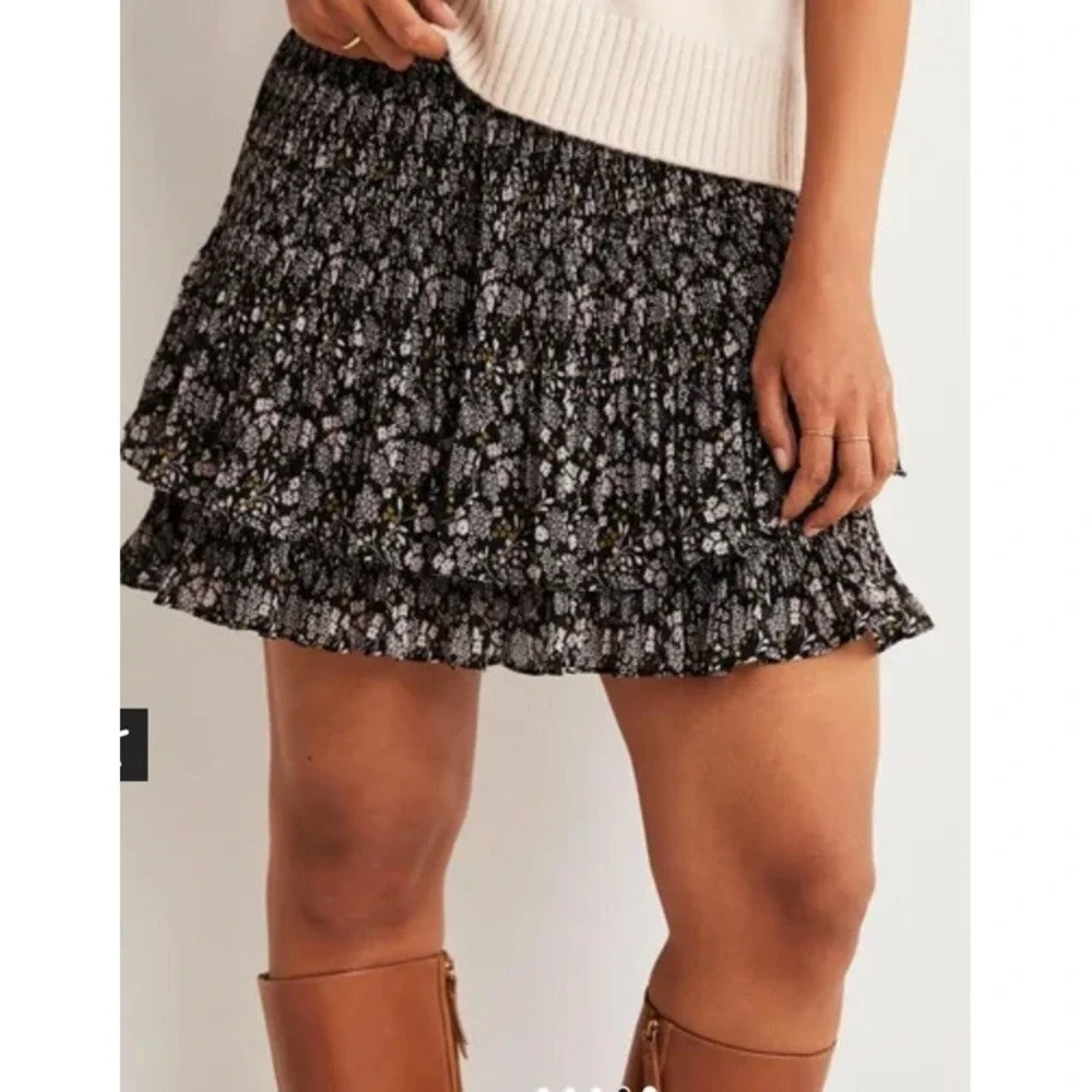 New $130 Boden Plisse Mini Skirt Multi Pleat  10 Us 6 Black Prairie Garden R0178